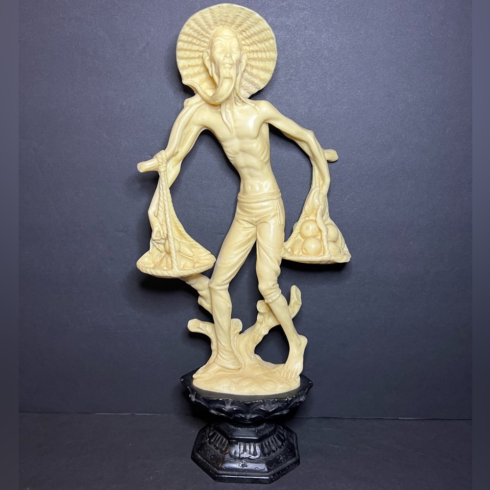Vintage MCM A. Santini Resin Asian Man Carrying Baskets Sculpture Statue 12"